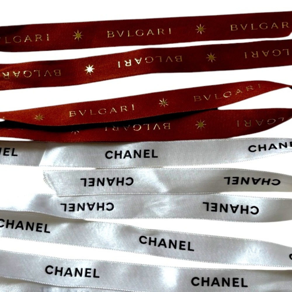Set of 3 Ribbons. Two CHANEL 32” & 16”, One BVLGARI 34”.